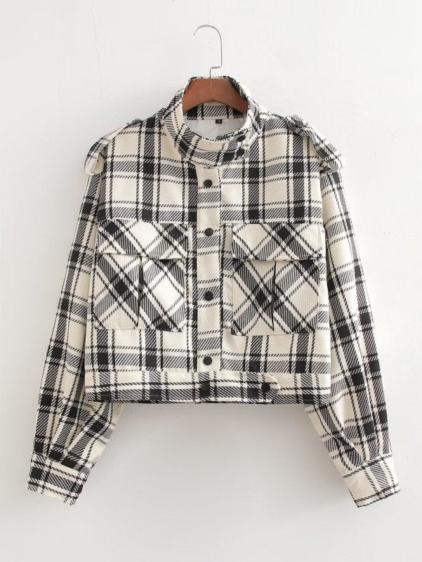 Spring Autumn Women Clothing Classic Tweed Mid Length Large Loose Pockets Plaid Jacket Casual