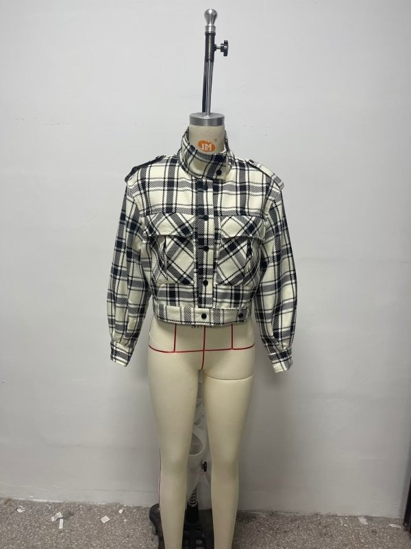 Spring Autumn Women Clothing Classic Tweed Mid Length Large Loose Pockets Plaid Jacket Casual