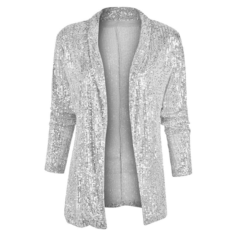 Spring Sequined Long Sleeve Elegant Mid Length Collared Color Coat for Women