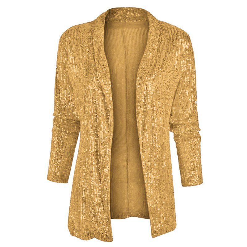 Spring Sequined Long Sleeve Elegant Mid Length Collared Color Coat for Women