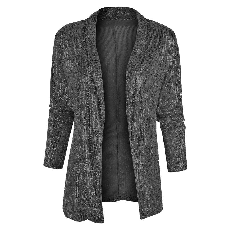 Spring Sequined Long Sleeve Elegant Mid Length Collared Color Coat for Women