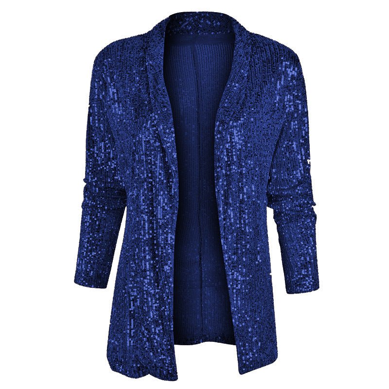 Spring Sequined Long Sleeve Elegant Mid Length Collared Color Coat for Women