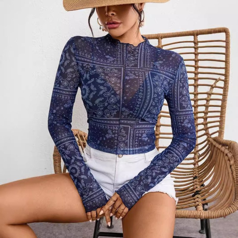 Spring Summer Elegant Women Mesh Floral Print Stand Collar Long Sleeve Short T shirt Top Women - Premium for sale