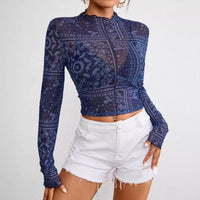 Spring Summer Elegant Women Mesh Floral Print Stand Collar Long Sleeve Short T shirt Top Women - Premium for sale