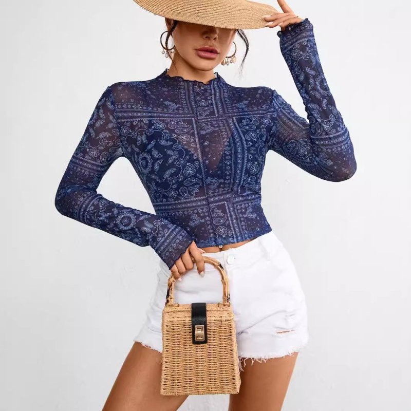 Spring Summer Elegant Women Mesh Floral Print Stand Collar Long Sleeve Short T shirt Top Women - Premium for sale