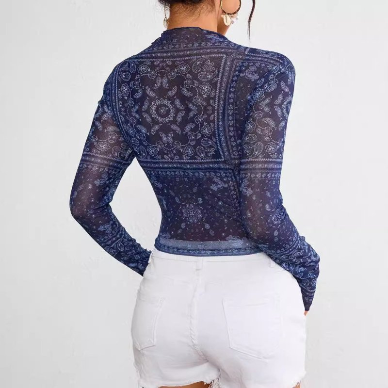 Spring Summer Elegant Women Mesh Floral Print Stand Collar Long Sleeve Short T shirt Top Women - Premium for sale