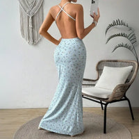 Spring Summer Women Clothing Sweet Floral Sling Dress Halter Backless Slim Fit Maxi Dress - Premium Dresses for sale