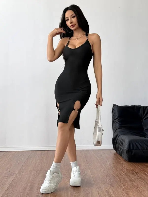 slim fitting dresses Halter Ring Detail Split Bodycon Knee-Length Dress in Black