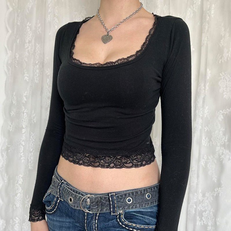 Square Collar Lace Stitching Skinny Knit T shirt Basic All Matching Slimming Sexy Bottoming Top for Women