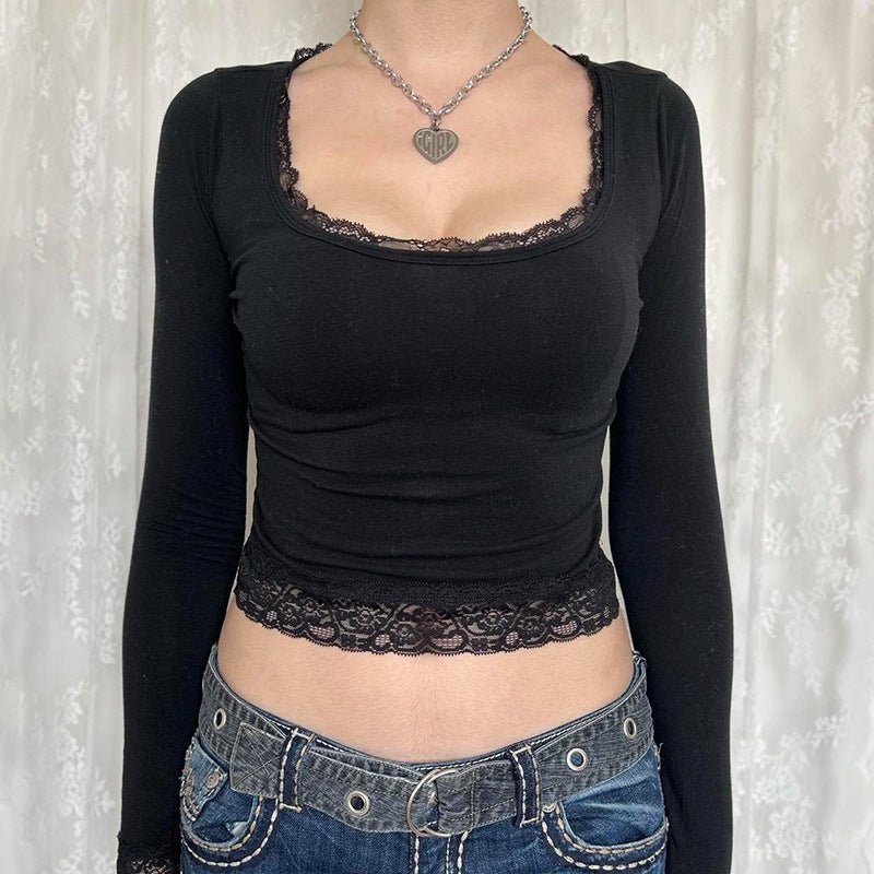 Square Collar Lace Stitching Skinny Knit T shirt Basic All Matching Slimming Sexy Bottoming Top for Women