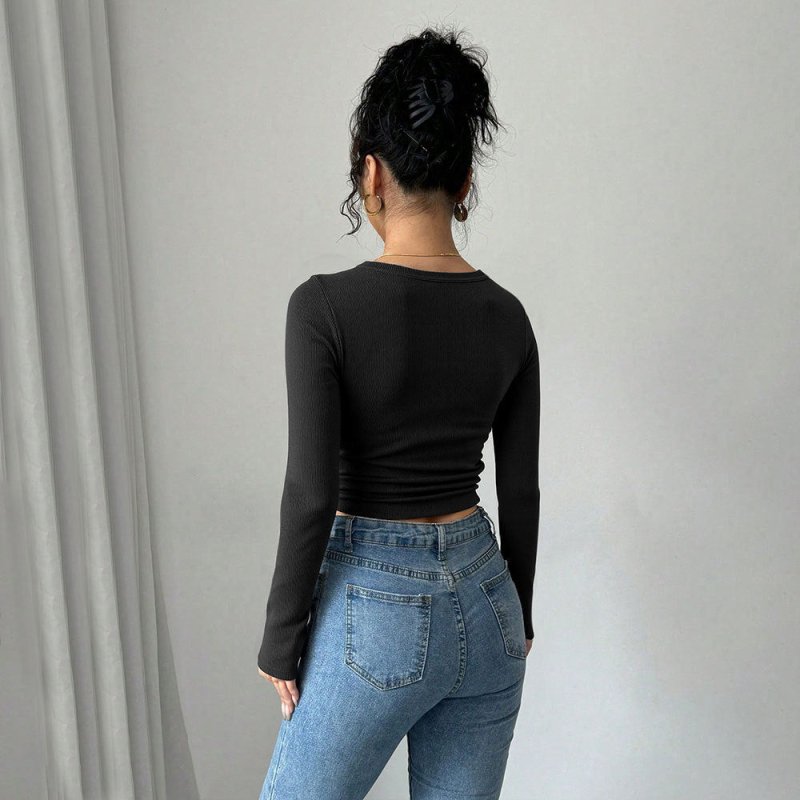 Square Collar Off - Shoulder Crop Top - Long Sleeve T-Shirt - Premium for sale