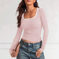 Square Collar Pullover Multicolor Solid Color Slim Fit Casual Long Sleeve Top - Cotton Shirt for Women - Premium for sale