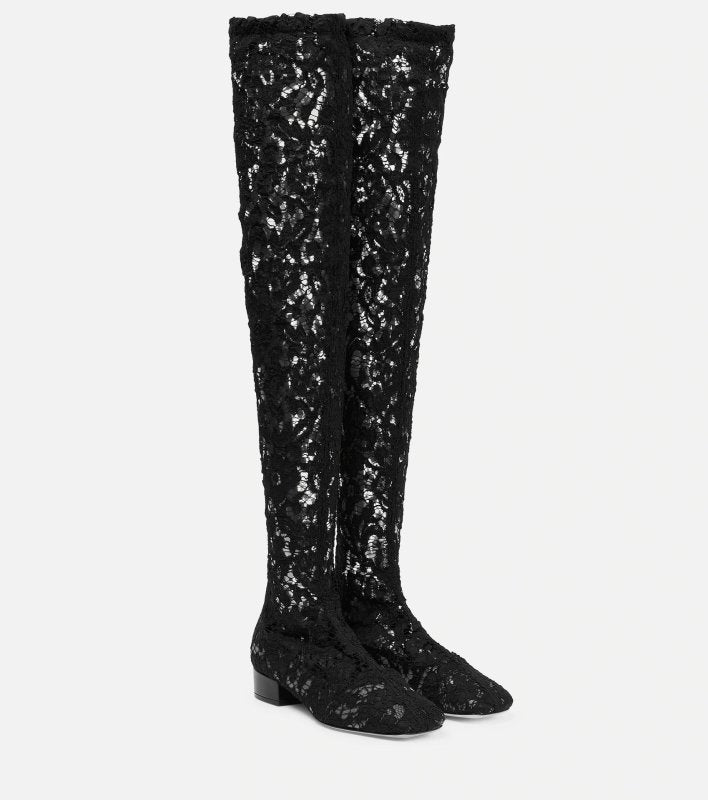 Square Head Sexy Lace Flower Low Heel Back Zipper Over Knee Boots Large Womens Boots