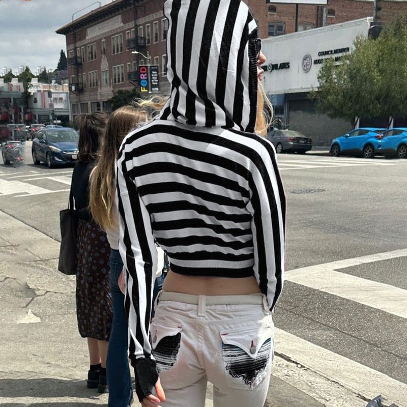 Street Hooded V Collar Contrast Color Striped Shorts Sweater Sexy Sexy Cropped Slimming Long Sleeves