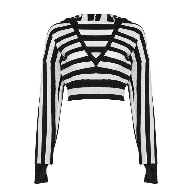 Street Hooded V Collar Contrast Color Striped Shorts Sweater Sexy Sexy Cropped Slimming Long Sleeves