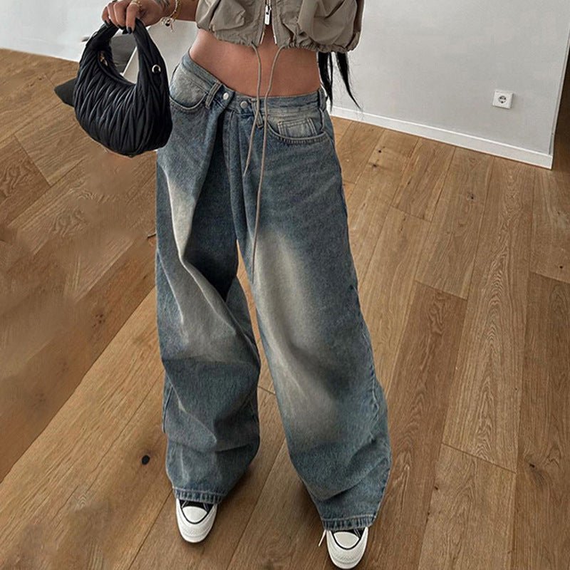 Street Low Waist Worn Looking Washed Out Loose Wide Leg Jeans Sexy Straight Mop Overalls