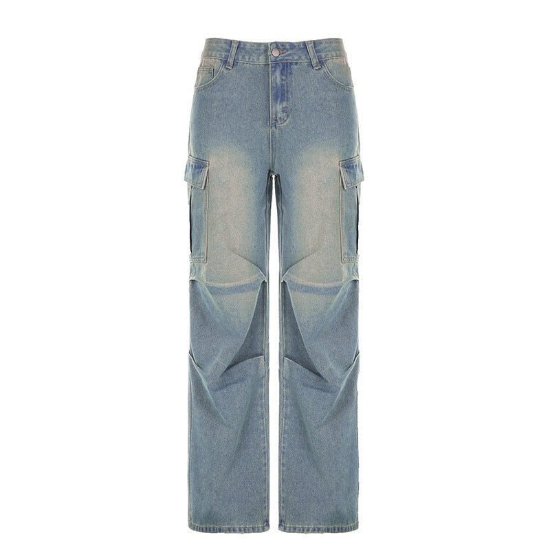 Street Pleated Low Waist Washed Worn Jeans Solid Color Flanging Pocket Straight All Matching Overalls Trousers