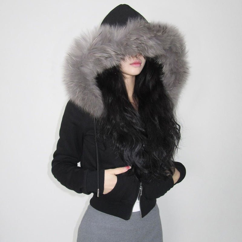 Street Retro Hooded Furry Splicing Coat Winter Slim Fit Warm Double Headed Zipper Cardigan Sweatshirt