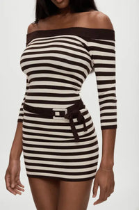 Striped Off Shoulder Bodycon Dress with Belt - Elegant 3/4 Sleeve Mini Dress for Women - Premium Dresses for sale