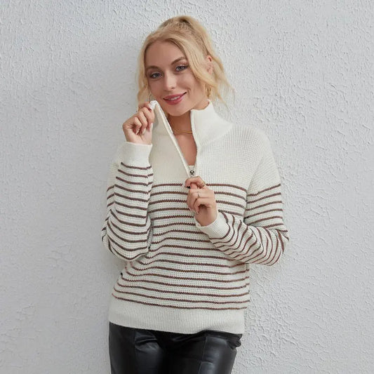 Striped Zipper Women Autumn Winter Graceful Casual Soft Glutinous Long Sleeved Sweater Sweater - Premium sweaters for sale