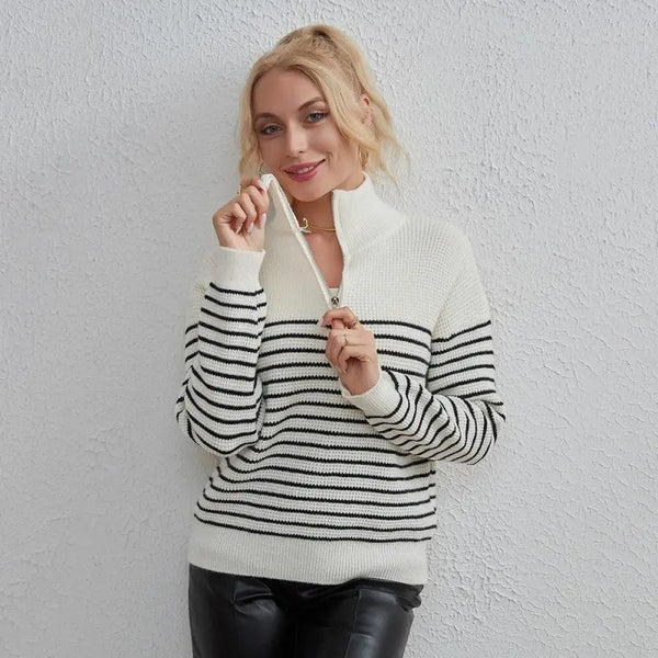 Striped Zipper Women Autumn Winter Graceful Casual Soft Glutinous Long Sleeved Sweater Sweater - Premium sweaters for sale