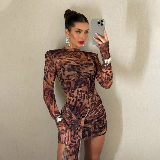 Summer Item Crew Neck Long Sleeve Tiger Stripe Pattern Lace up Waist Controlled Slimming Dress - Premium Dresses for sale