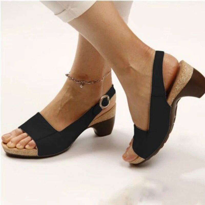 Summer New Women's Shoes Solid Color Coarse Heel Buckle Sandals 35 - 43 Plus Size Shoes