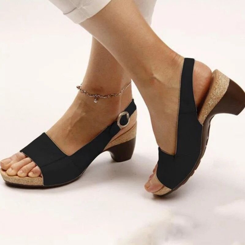 Summer New Women's Shoes Solid Color Coarse Heel Buckle Sandals 35 - 43 Plus Size Shoes