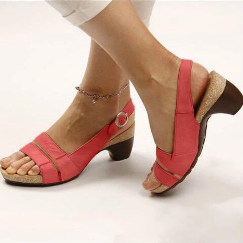 Summer New Women's Shoes Solid Color Coarse Heel Buckle Sandals 35 - 43 Plus Size Shoes