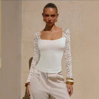 Summer Sexy Women U Neck Lace T-Shirt - Slim Fit Slimming Long Sleeves Top with Square Neckline - Premium for sale