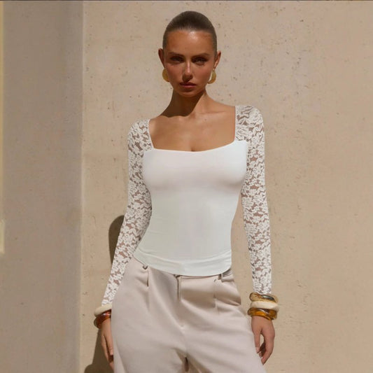 Summer Sexy Women U Neck Lace T-Shirt - Slim Fit Slimming Long Sleeves Top with Square Neckline - Premium for sale