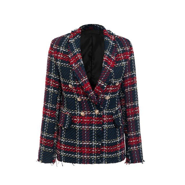 Tassel wool tweed red blazer woman Turndown collar casual female blazer plaid Fashion blaser winter coat christmas