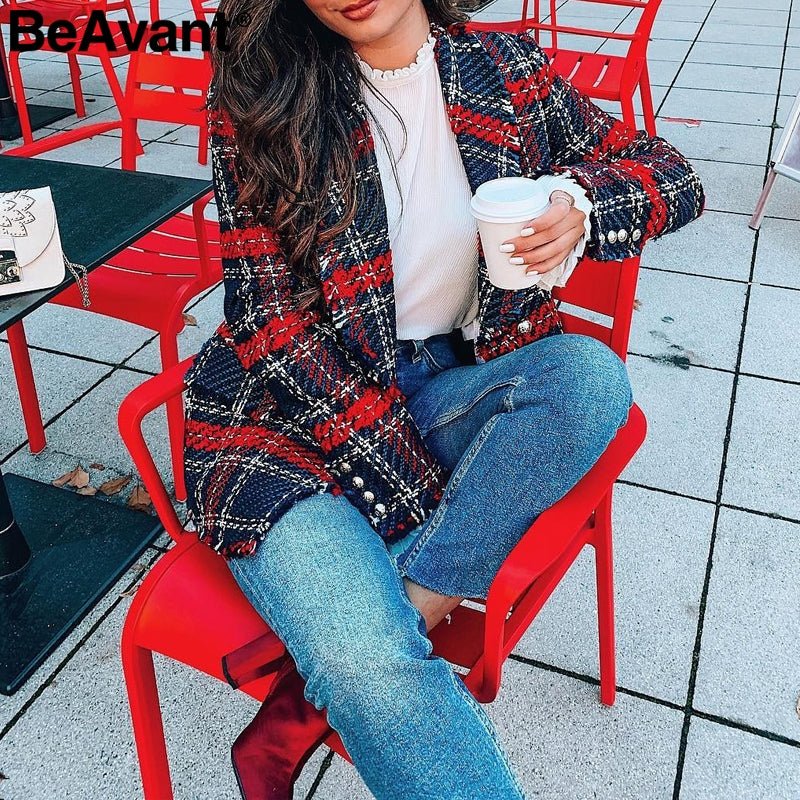 Tassel wool tweed red blazer woman Turndown collar casual female blazer plaid Fashion blaser winter coat christmas