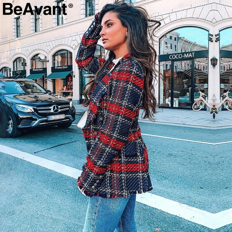 Tassel wool tweed red blazer woman Turndown collar casual female blazer plaid Fashion blaser winter coat christmas