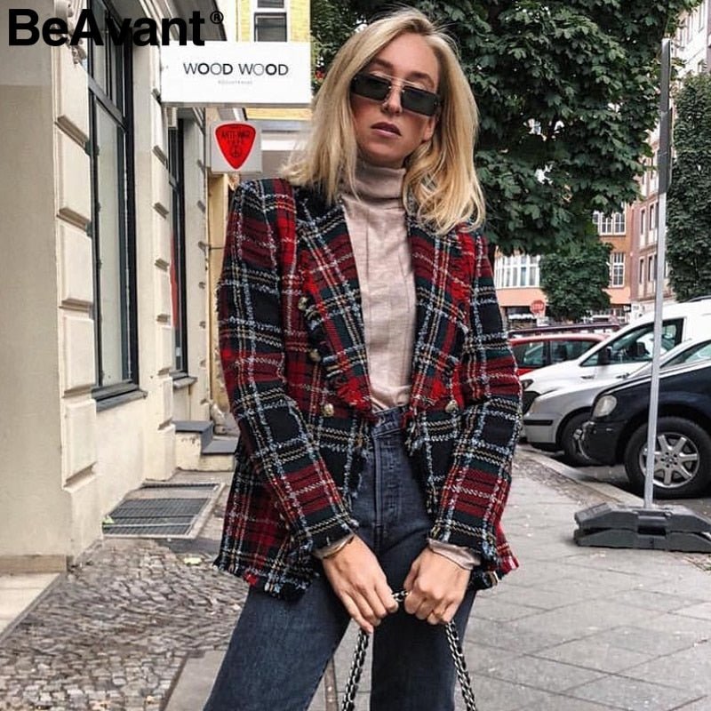 Tassel wool tweed red blazer woman Turndown collar casual female blazer plaid Fashion blaser winter coat christmas