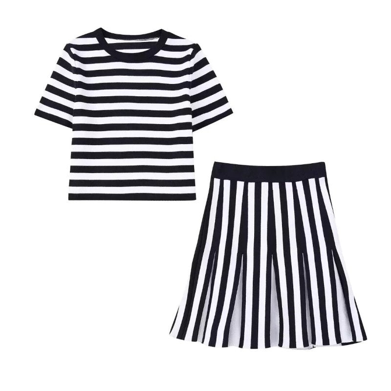 TRAF Woman 2 Pieces Tops + Skirts Sets New Fashion Knit Stripe Summer Women Suit Two Piece Set Womens Outfits