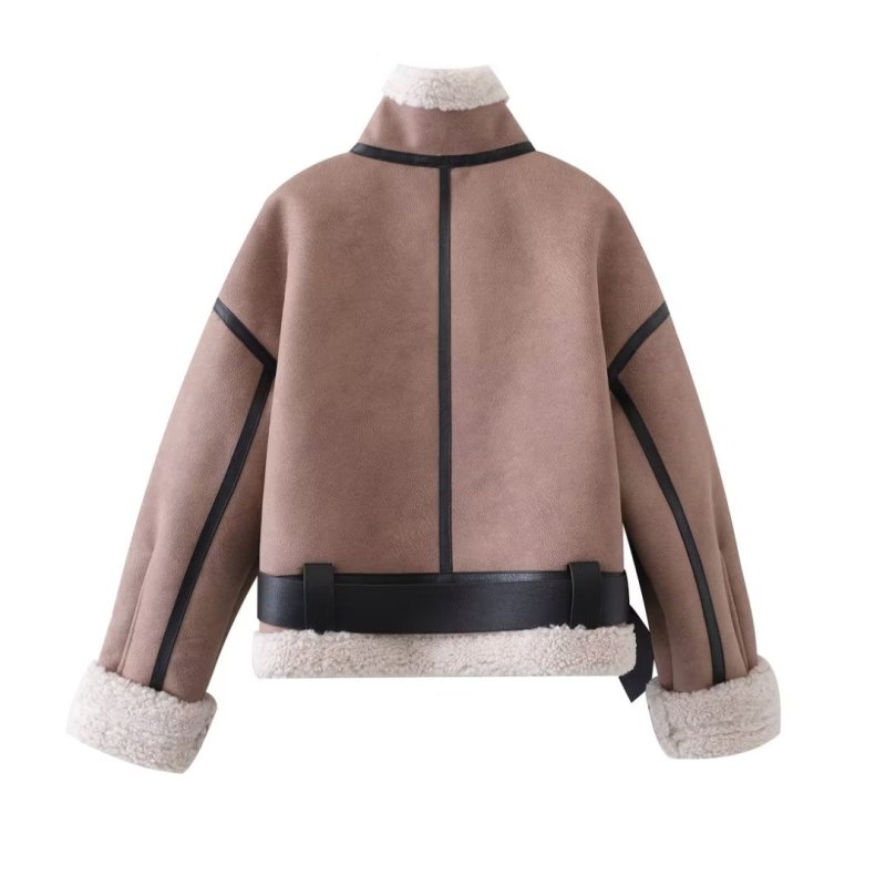 Trendy Waistband Double Sided Fleece Jacket Autumn Winter Loose Lapels Coat Cold Proof Warm Motorcycle Clothing