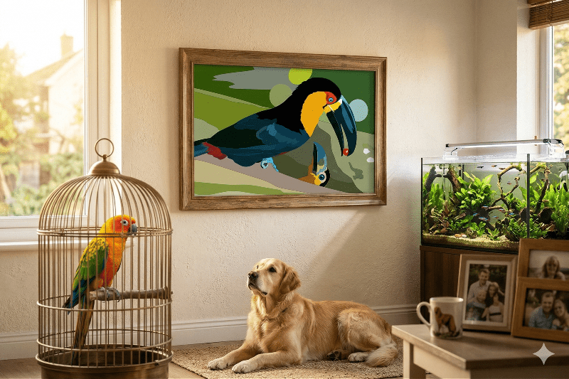 Living room with a dog, bird in a cage, toucan painting, and aquarium.