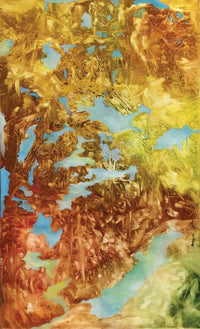 Abstract artwork with gold, green, and blue colors