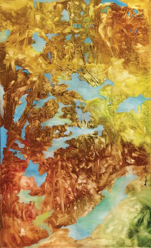 Abstract artwork with gold, green, and blue colors