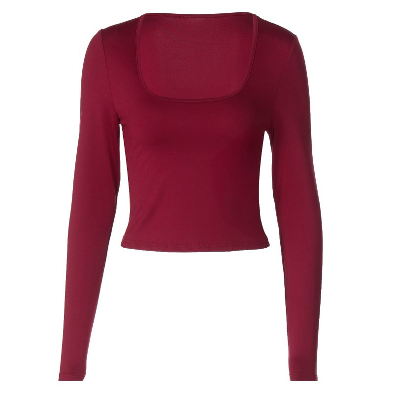 U - Neck Long Sleeve Top - Slim Fit Solid Color T-Shirt - Premium for sale