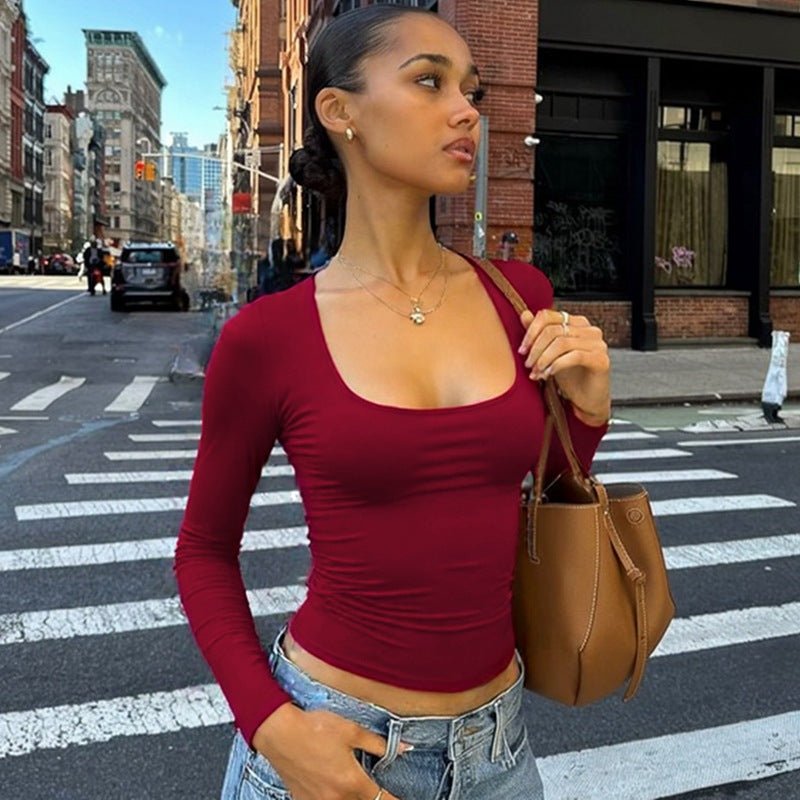 U - Neck Long Sleeve Top - Slim Fit Solid Color T-Shirt - Premium for sale