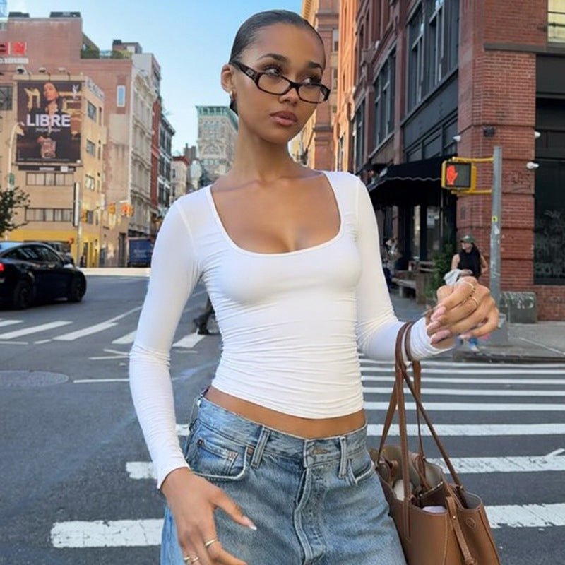 U - Neck Long Sleeve Top - Slim Fit Solid Color T-Shirt - Premium for sale