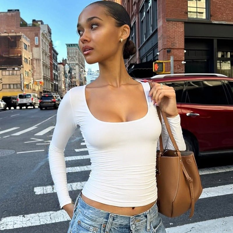 U - Neck Long Sleeve Top - Slim Fit Solid Color T-Shirt - Premium for sale