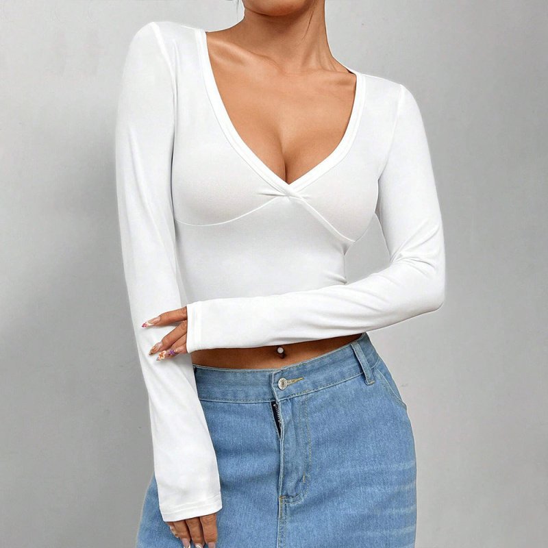 V - Neck Cropped Long Sleeve Top - Solid Color T-Shirt - Premium for sale