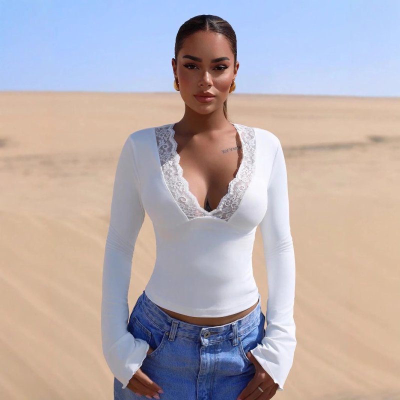 V - Neck Stitching Lace Sexy Long Sleeve Slim Fit Top - Patchwork Lace Detail Blouse - Premium for sale