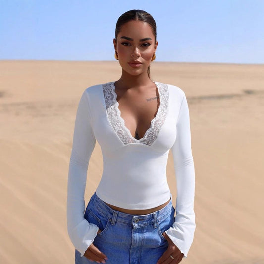 V - Neck Stitching Lace Sexy Long Sleeve Slim Fit Top - Patchwork Lace Detail Blouse - Premium for sale