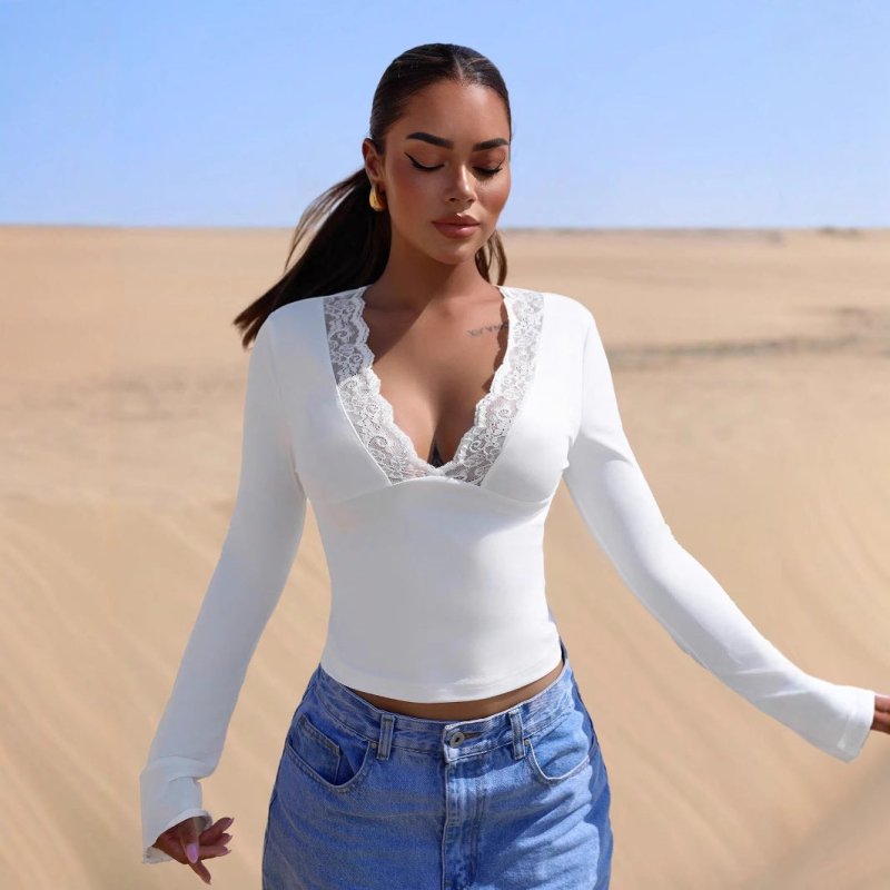 V - Neck Stitching Lace Sexy Long Sleeve Slim Fit Top - Patchwork Lace Detail Blouse - Premium for sale