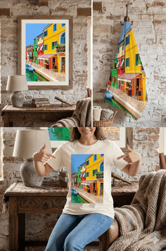 Collage of a framed painting, a wall art piece, and a person wearing a t-shirt with a colorful building design.