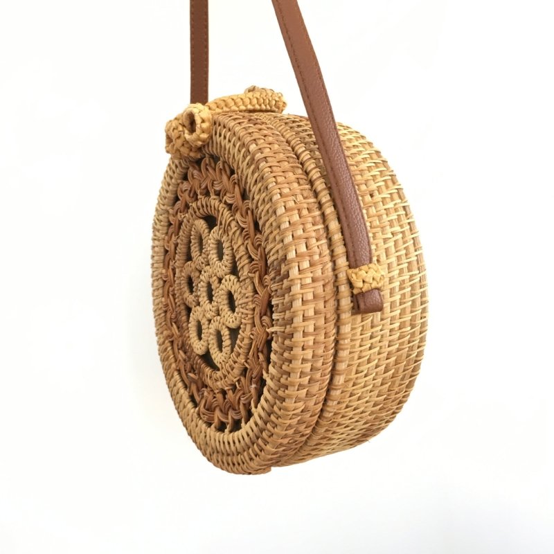 Vietnamese Round Rattan Bag Hollow Handbag Straw Bag Summer Beach Messenger Bag Shoulder Bag